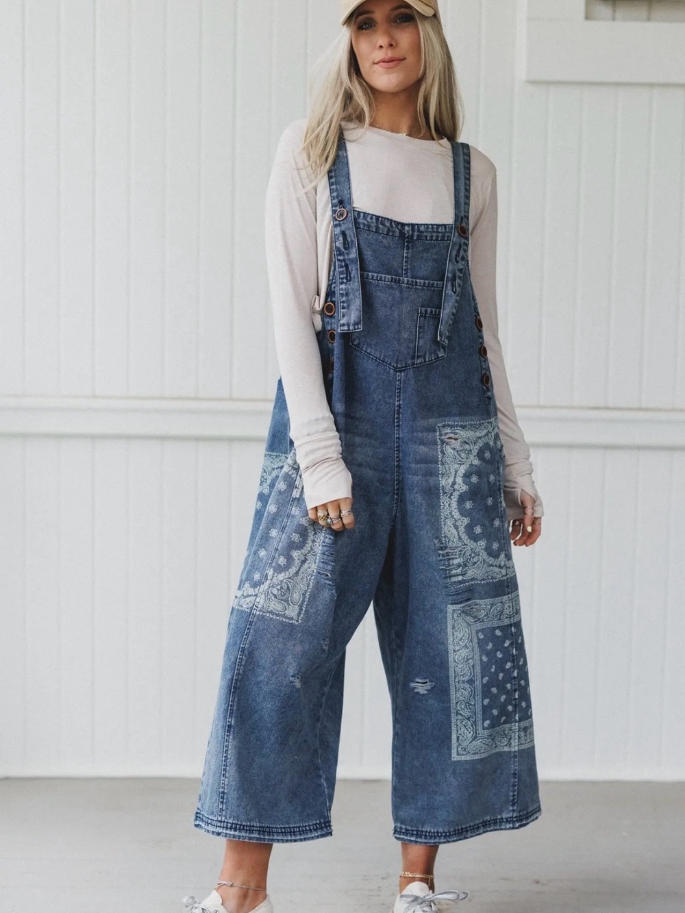 Three Bird Nest Blue Denim Wide-Leg Overalls with Bandana Patch